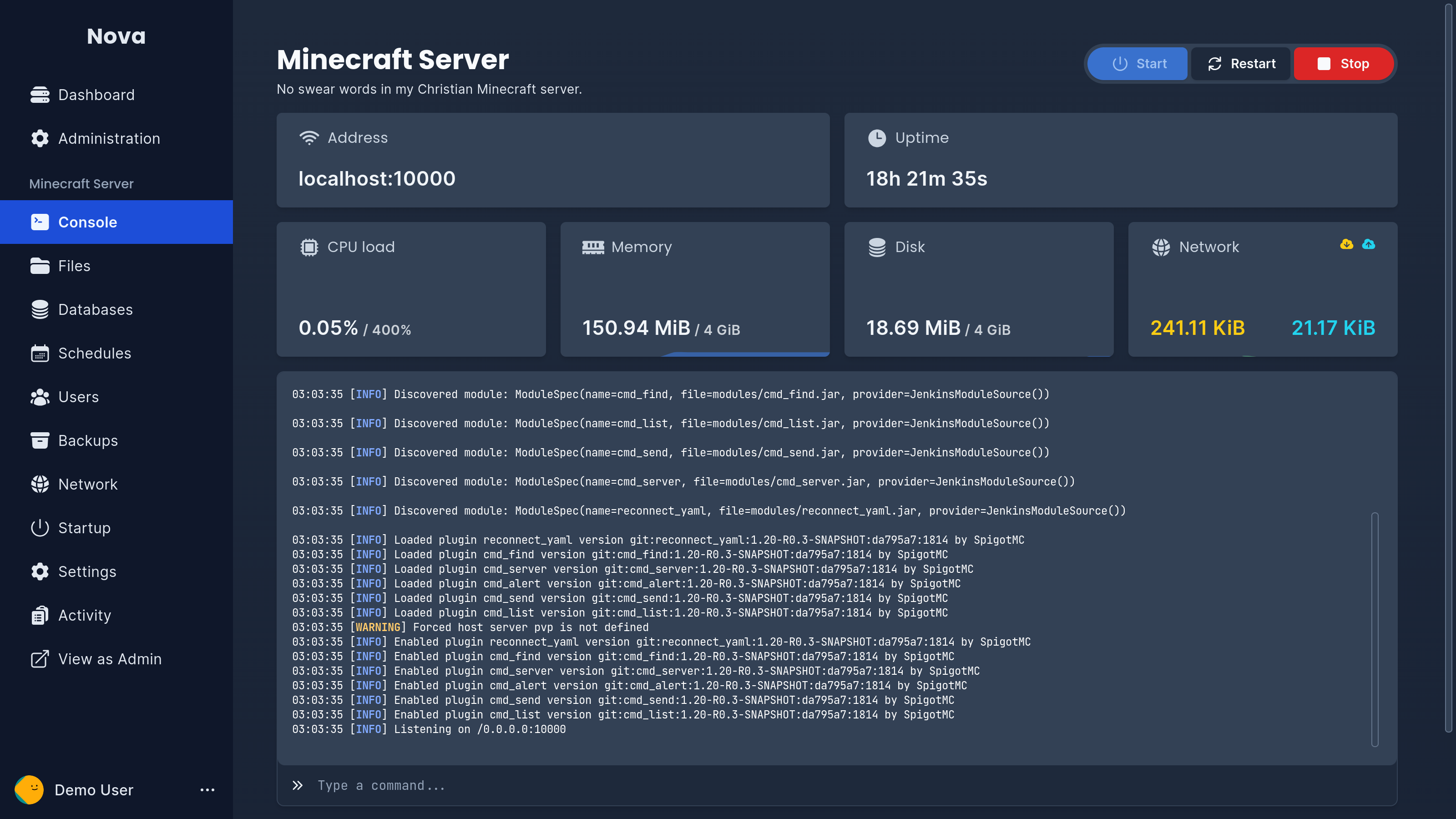 A screenshot of Nova's server console page, showing the server name, the server address, its uptime, and statistics such as CPU load, memory usage, disk usage and network traffic statistics.